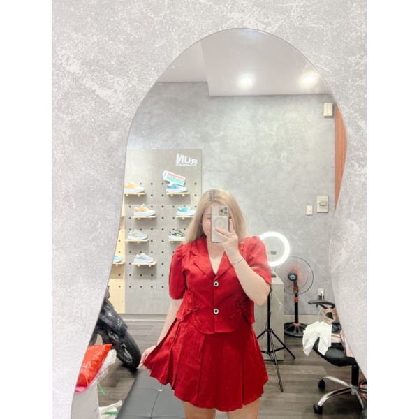 SET ÁO CỔ VEST NƠ VÀ CHÂN VÁY DẬP LI