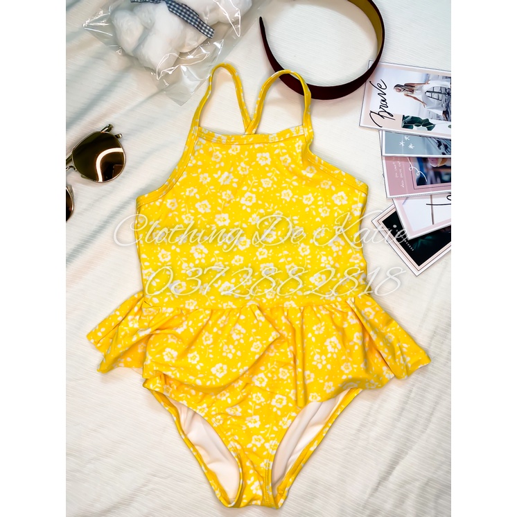 2T-5T Bikini đồ bơi đi biển CHỐNG NẮNG 1 mảnh màu vàng 2 dây chéo hoa trắng nhí bé gái