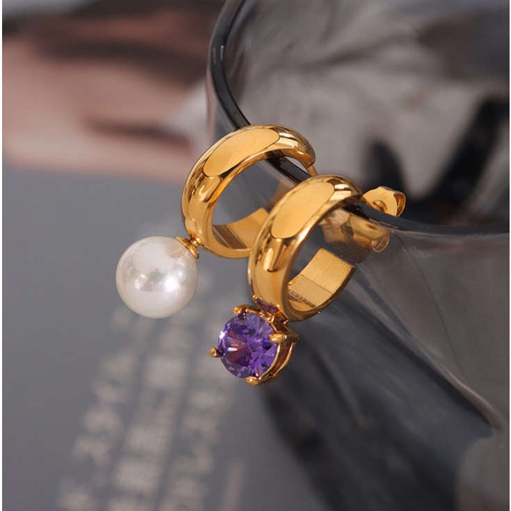 Bông Tai Nữ 1 Bên Ngọc Trai Nhân Tạo 1 Bên Đá Nhân Tạo Titan Ko Han Rỉ TT 4357