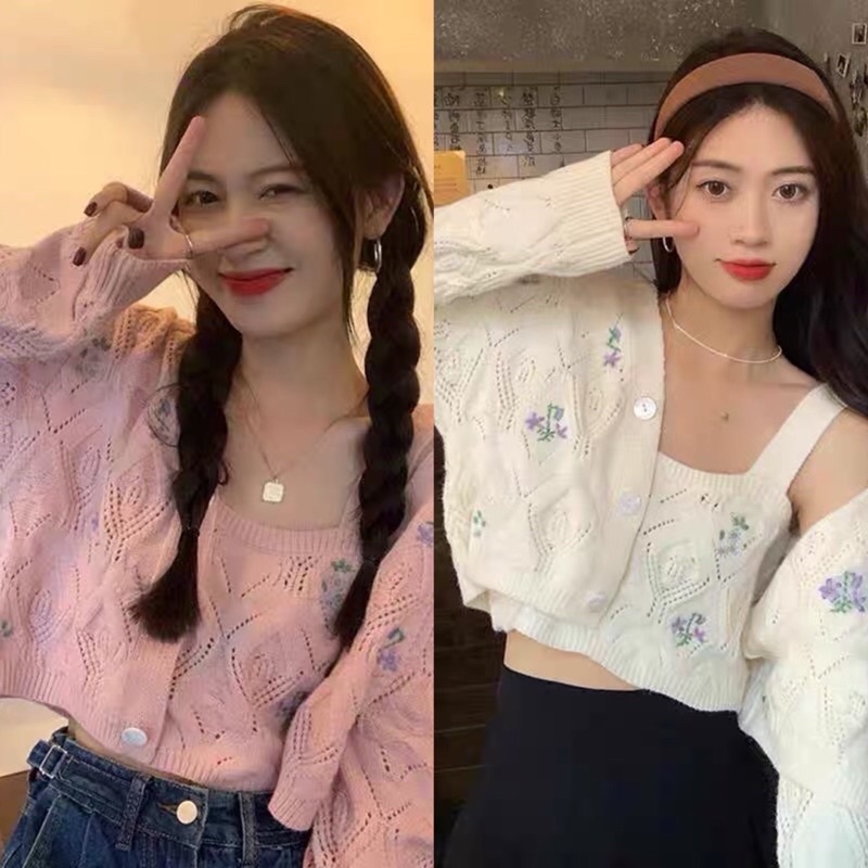 SET ÁO LEN CARDIGAN HOA TÍM (ẢNH THẬT)