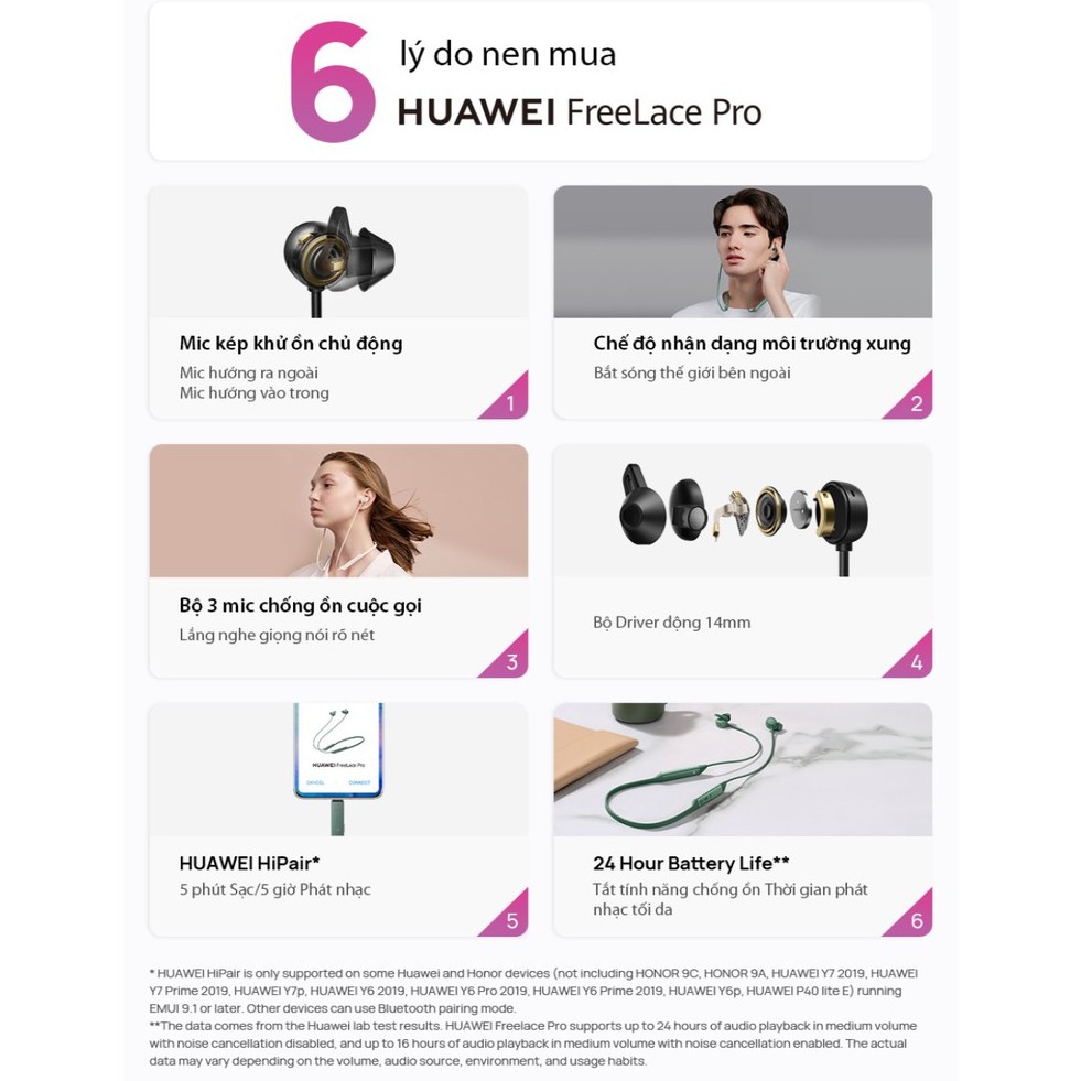 Tai nghe Huawei FreeLace Pro | Mic kép chống ồn chủ động | Chế độ nhận dạng môi trường xung quanh | kêt nối với thế giới