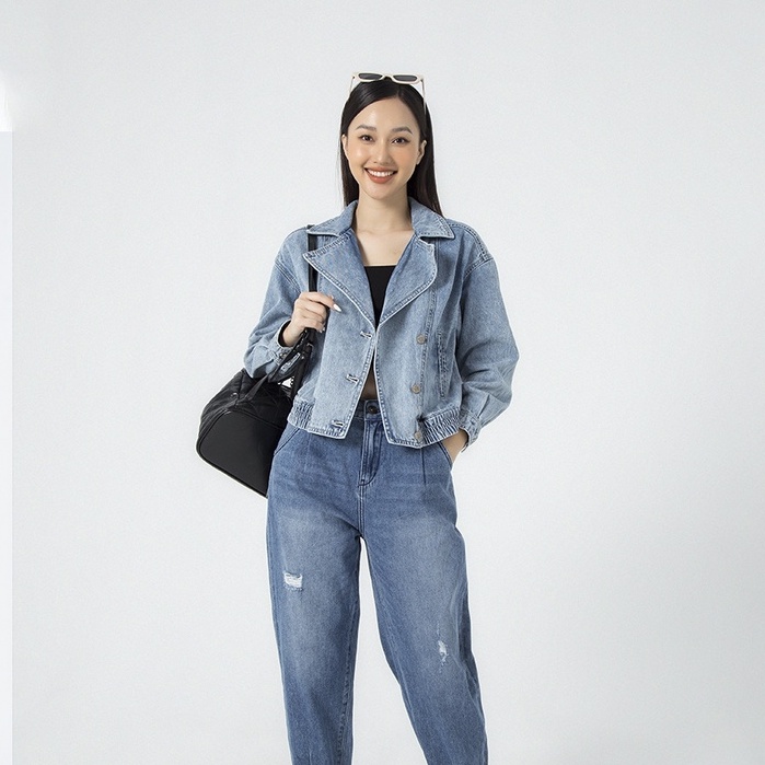 Áo Khoác Jeans Nữ GENVIET Cổ Biker Cổ Vest Bẻ Dáng Croptop Thụng TK124J1947