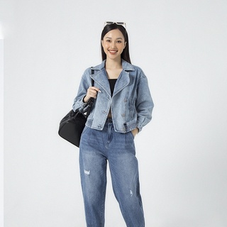 Áo Khoác Jeans Nữ GENVIET Cổ Biker Cổ Vest Bẻ Dáng Croptop Thụng TK124J1947