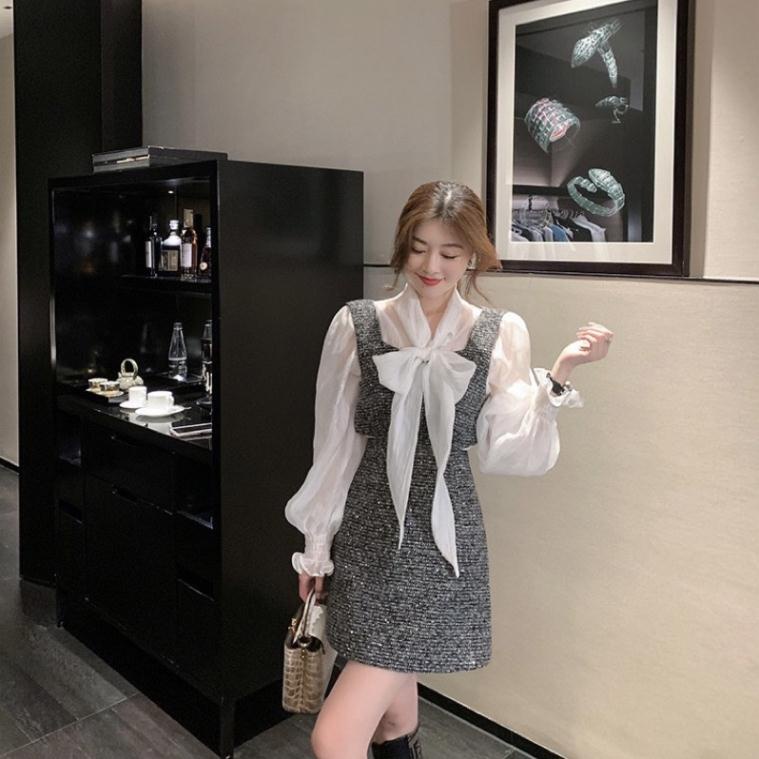 Set Dạ Tiêu 3 Món Áo Sơ mi Kèm Nơ Bản To Mix Áo Gile Yếm Và Chân Có Ảnh Thật Clara Siêu Xinh