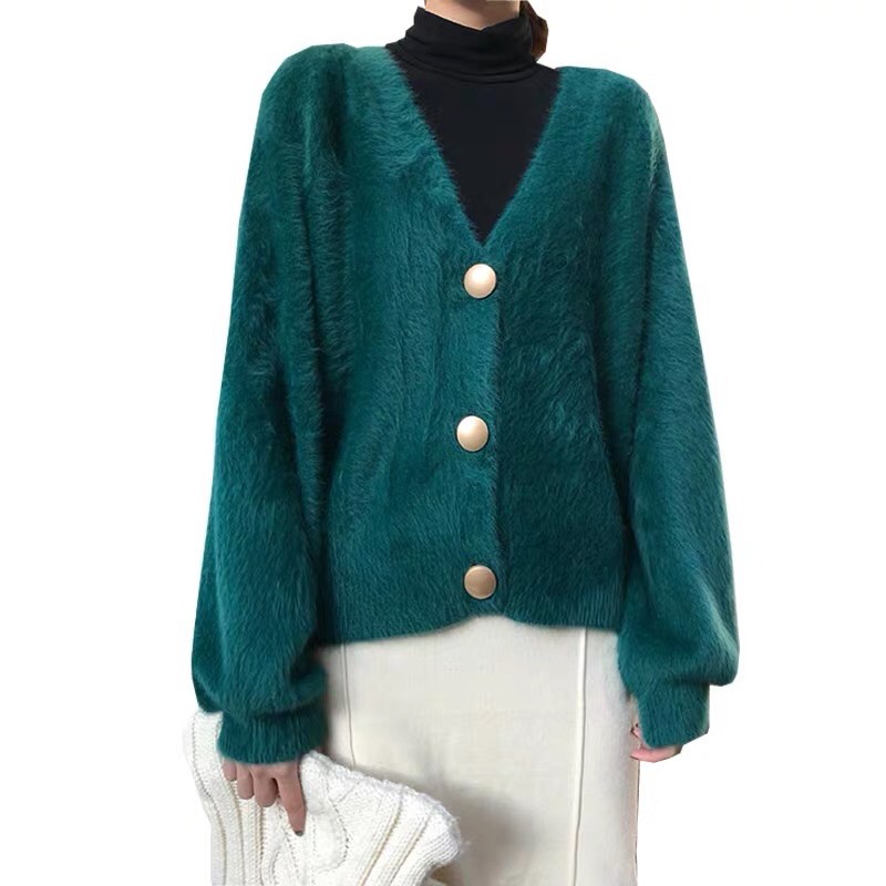 (Ảnh thật)(sẵn xanh rêu) Áo khoác len lông cardigan dáng dài tay bồng cổ v sang trọng thu đông 2020 đi làm đi chơi | BigBuy360 - bigbuy360.vn
