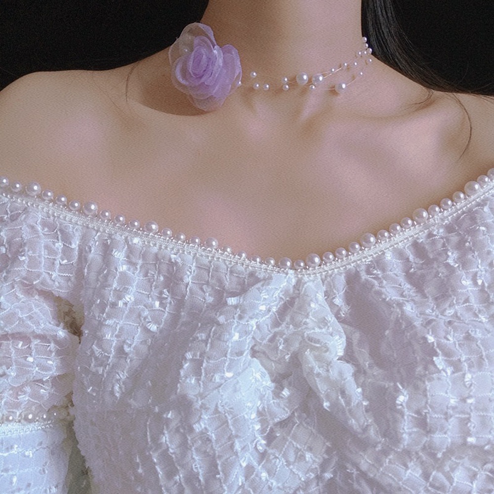 Vòng cổ choker vải lưới phối hạt ngọc trai duyên dáng thời trang cho nữ