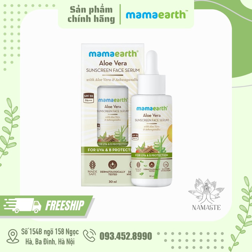 Serum chống nắng SPF 55 & PA +++ nha đam và sâm Ấn Mamaearth 30ml Nhập Khẩu Ấn Độ | Lê Bằng Vân