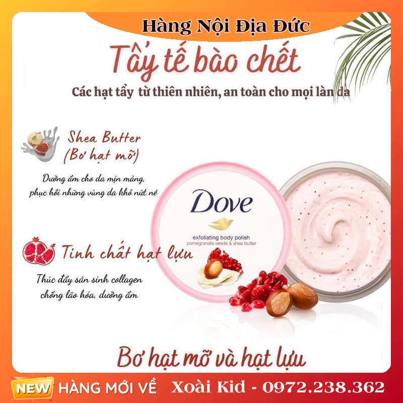 Tẩy tế bào chết, tẩy da chết body và dưỡng thể DOVE và dưỡng thể nội địa Đức, Đủ Bill và Review