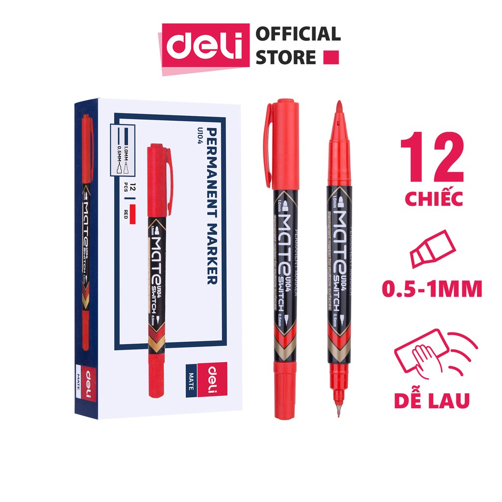 Bút dạ kính 2 đầu Deli - không xóa được, mực vĩnh cửu - Mực Đen/Xanh/Đỏ - 12 cây/hộp - EU10420 / EU10430 / EU10440