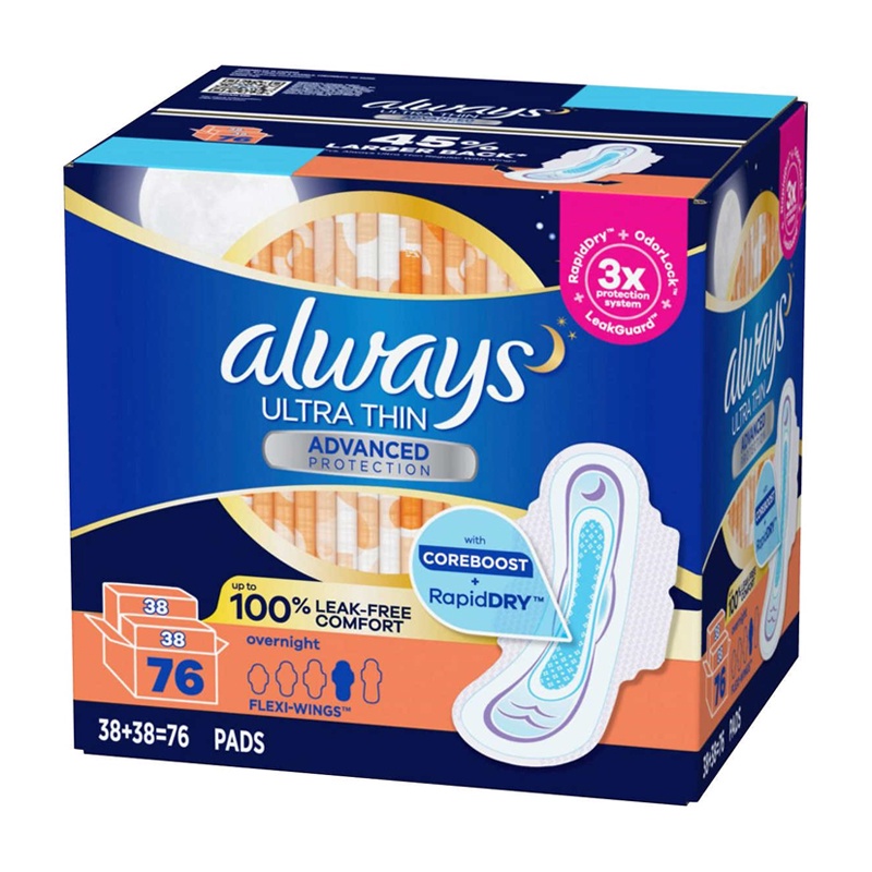 Băng vệ sinh Always Ultra Thin 3X Advanced Protection Overnight With Wings, 76 miếng