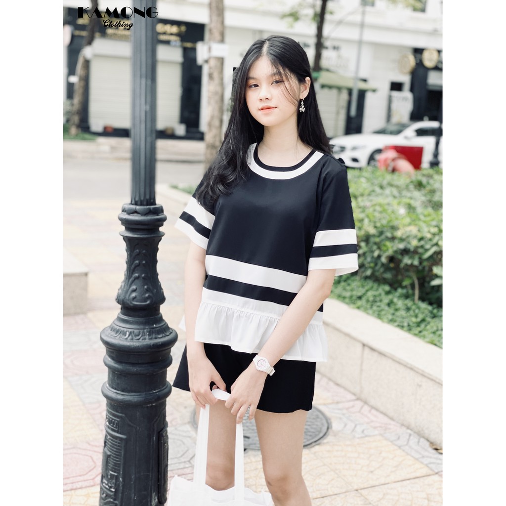 Áo kiểu bèo trắng phối màu KAMONG A016 | BigBuy360 - bigbuy360.vn