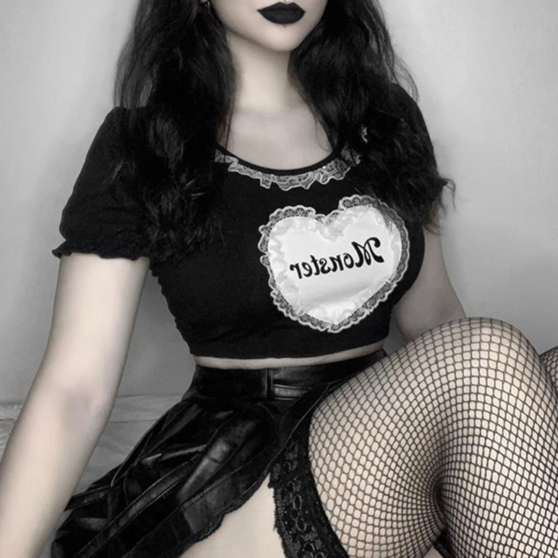 Áo Croptop Tay Phồng Ngắn In Chữ Phong Cách Gothic Thời Trang Cho Nữ