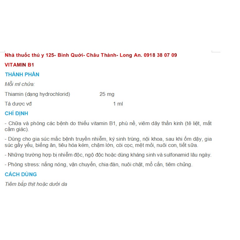 Vitamin B1 100ml. Tăng đề kháng gia súc, gia cầm, chó mèo, gà đá