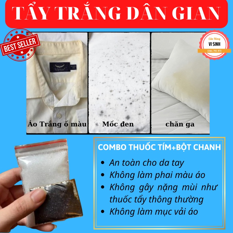 Combo Tẩy Quần Áo Bộ 2 Gói Gồm Thuốc Tím + Bột Chanh, Tẩy Mốc Ố Vàng Quần Áo Trắng và Màu