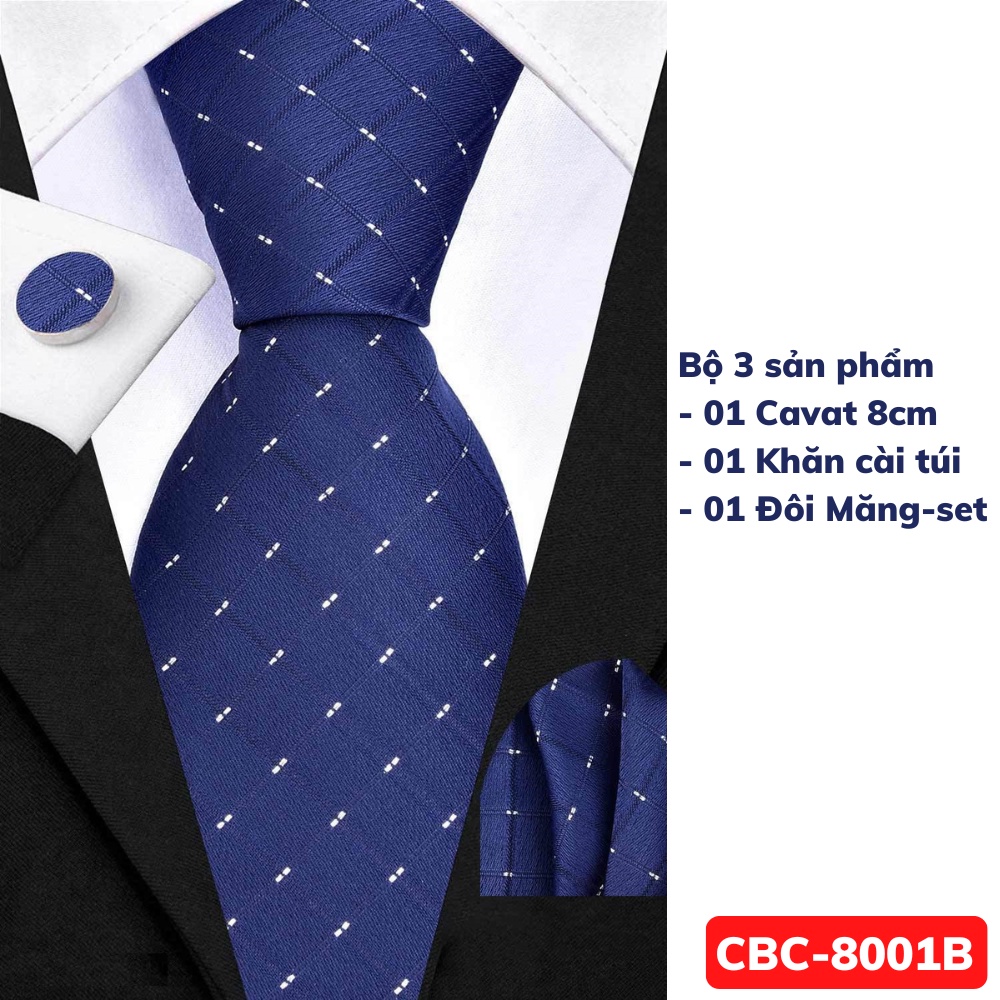 Bộ 3 món Cà vạt 8cm, Khăn cài túi áo vest, Măng-set cài tay Cravat công sở, Calavat chú rể