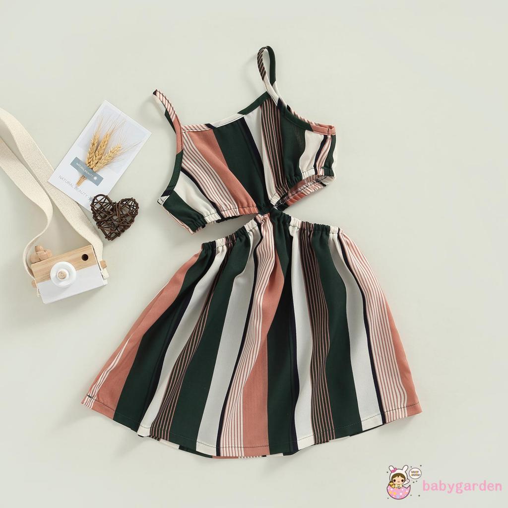 Đầm Hai Dây Hở Vai Họa Tiết Kẻ Sọc Màu Sắc Tương Phản Thời Trang Mùa Hè Dành Cho Bé Gái 4-7 Tuổi