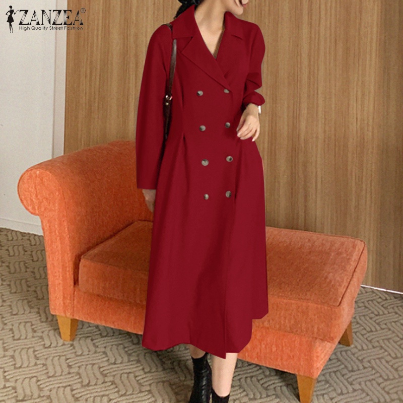 Đầm ZANZEA cổ bẻ hai hàng nút cài phong cách thời trang công sở nữ trang trọng thường ngày