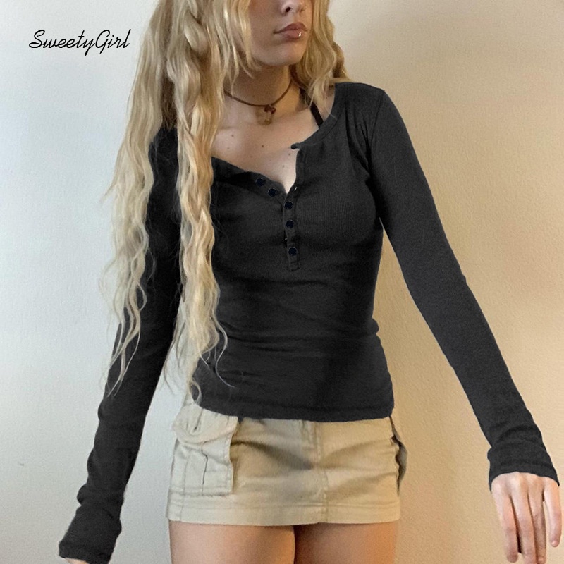Áo Thun Tay Dài Cổ Tròn Màu Đen Trơn Cài Nút Thời Trang 2022 Quyến Rũ Cho Nữ