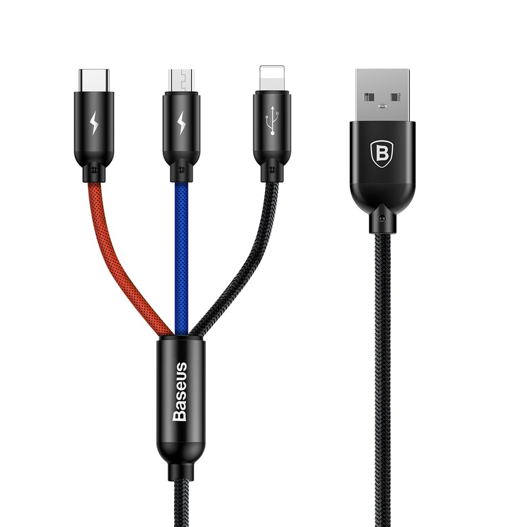 Cable 3 đầu MicroUSB, Lightning, Type-C dài 30cm - Baseus Three Primary Colors 3-in-1 - Cáp dùng cho iPhone và Android