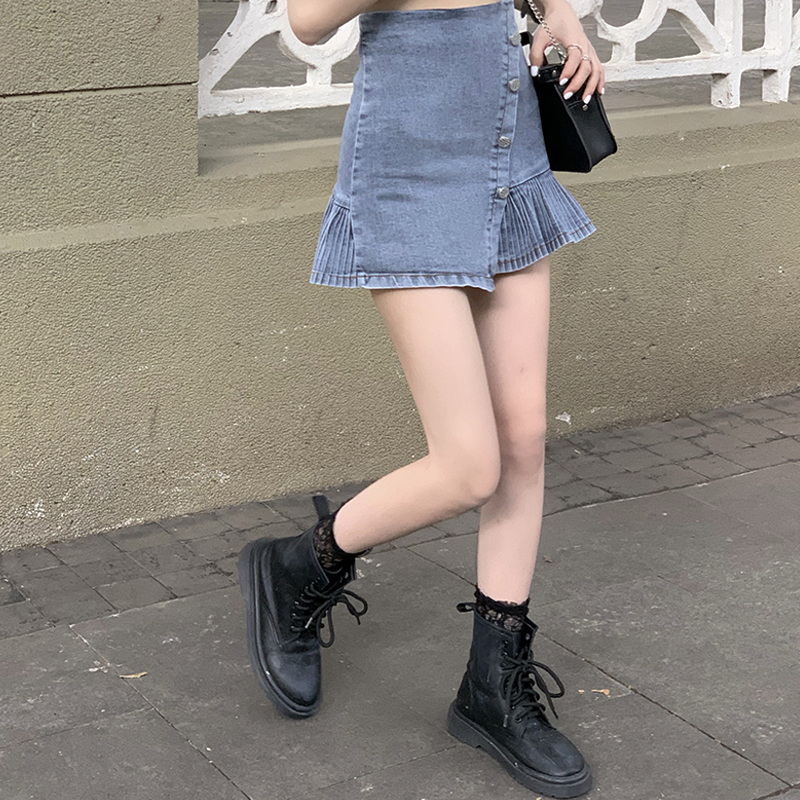 Chân Váy Denim Lưng Cao Xếp Ly Phối Nút Xinh Xắn Dành Cho Nữ | BigBuy360 - bigbuy360.vn