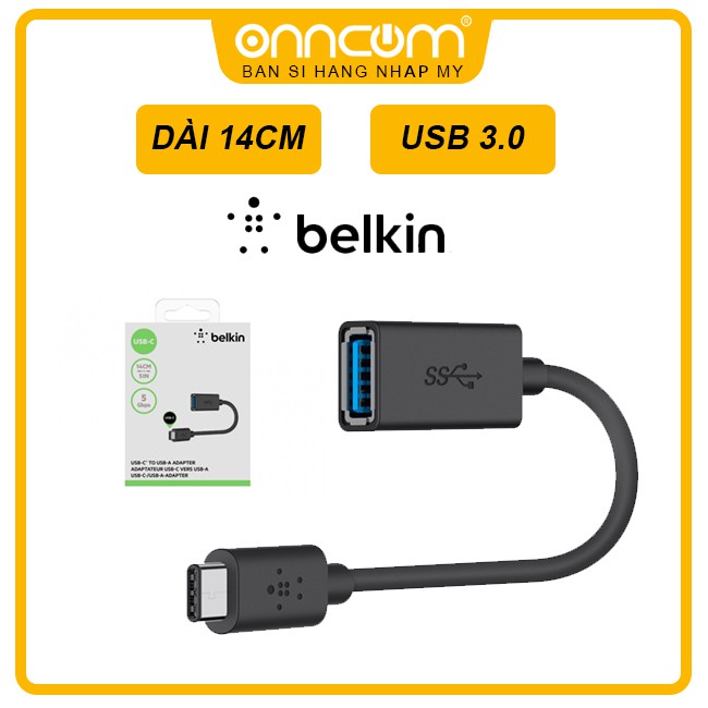 Dây cáp Belkin 3.0 USB-C to USB-A Adapter 14cm/5IN - 5 Gbps Black - Mở Hộp Nhập USA chính hãng