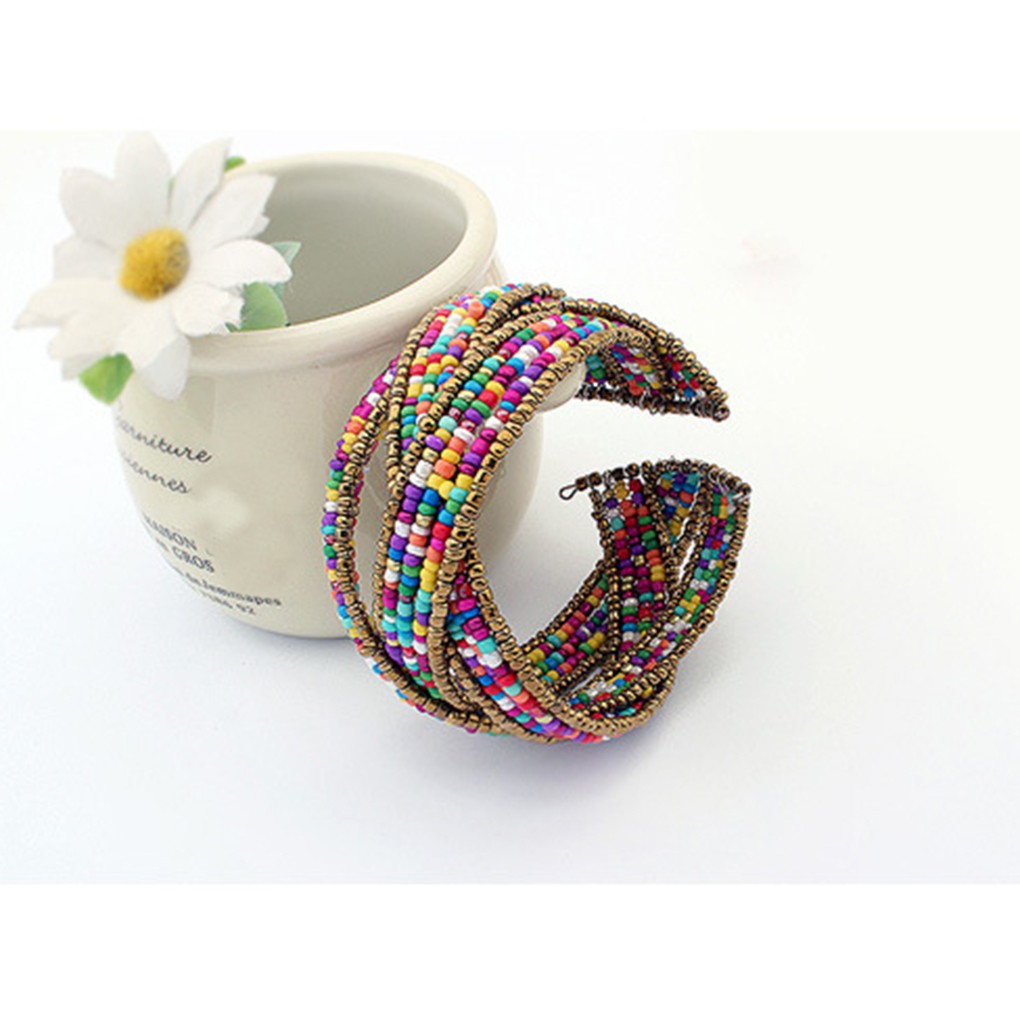 Vòng tay thiết kế bản to đính hạt màu sắc nhiều lớp phong cách Boho