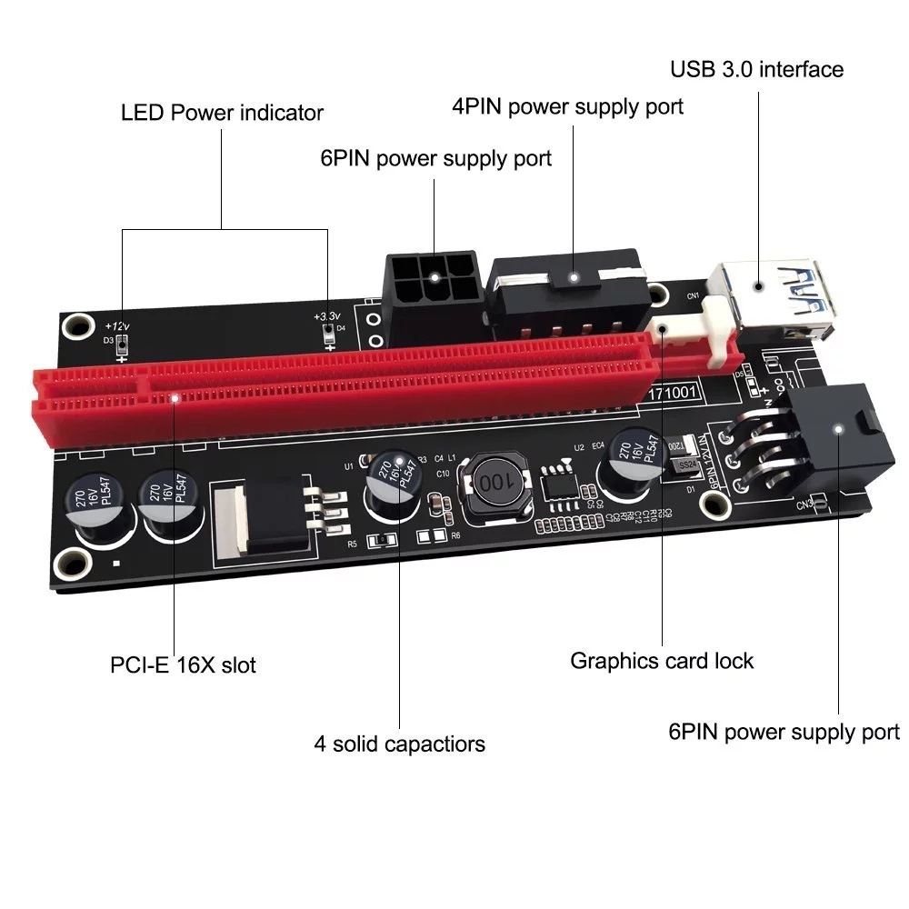 Card Mở Rộng Pci Express Pci-E 1x Sang 16x Sata 15pin Sang 6 Pin Với Cáp Nguồn 009s / Nhiều Màu Sắc