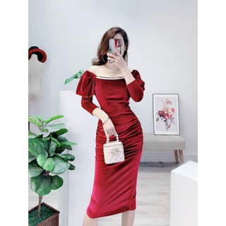 váy nhung body tay bồng, nhúm eo