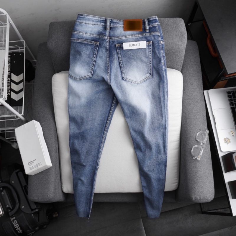 Quần jean nam xuất dư ống ôm co giãn màu xanh  slimfit VNXK xịn