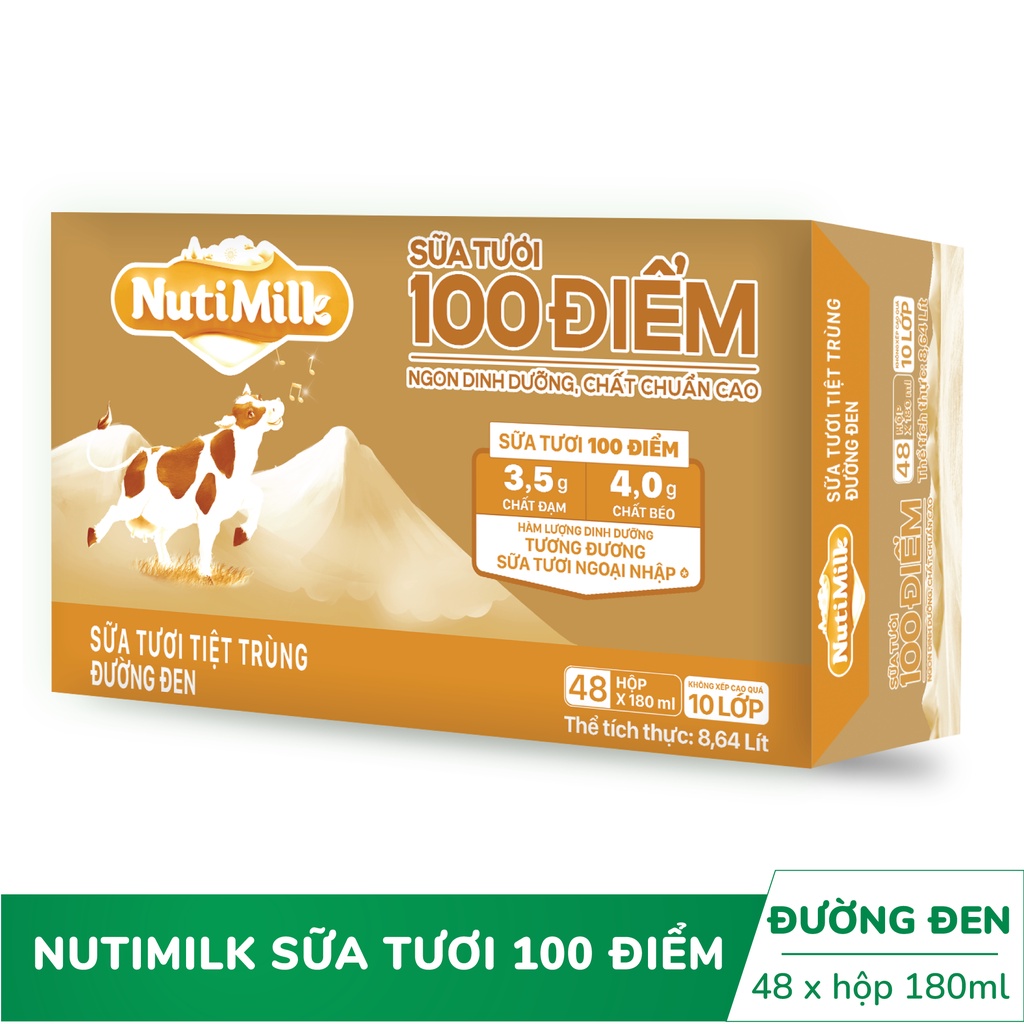 [Mã FMCGMALL giảm 8% đơn từ 250K] Thùng 48 hộp NutiMilk ST 100 điểm - ST tiệt trùng Đường đen Hộp 180 mL/hộp
