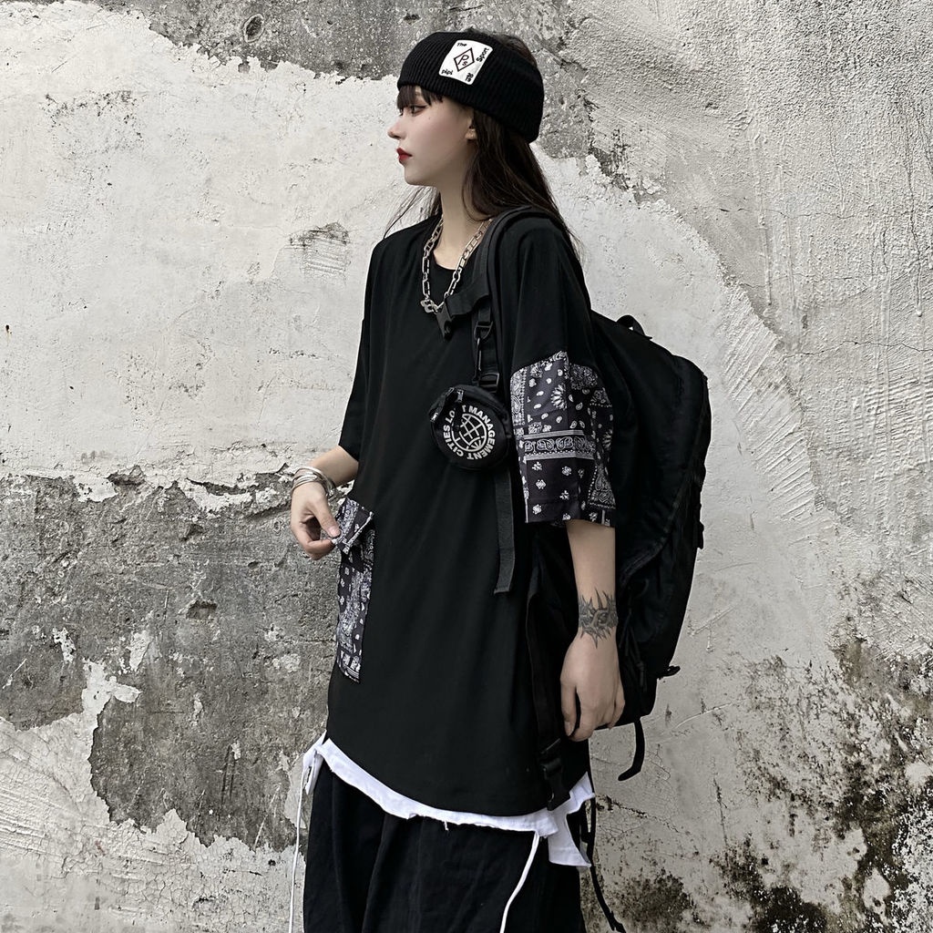 Áo Thun Phối Túi Lớn Họa Tiết Hoa Xinh Xắn Thời Trang 191901Áo Thun Tay Ngắn Dáng Rộng Phong Cách Harajuku Retro Cho Nam Nữ