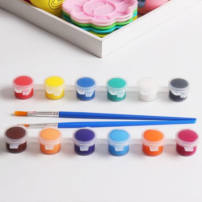 Bộ 12 Màu Vẽ Acrylic 3ml Kèm 2 Cọ Vẽ - Màu Acrylic Mini Vẽ Áo, Tô Tượng, Vẽ 3D, Giày, Thủy Tinh, Gỗ