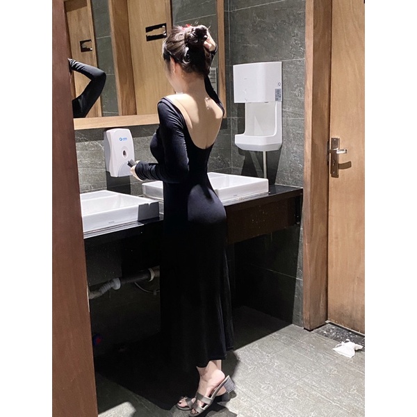 VÁY BODY ÔM DÀI TAY THUN HỞ LƯNG COTTON DẺO CO DÃN