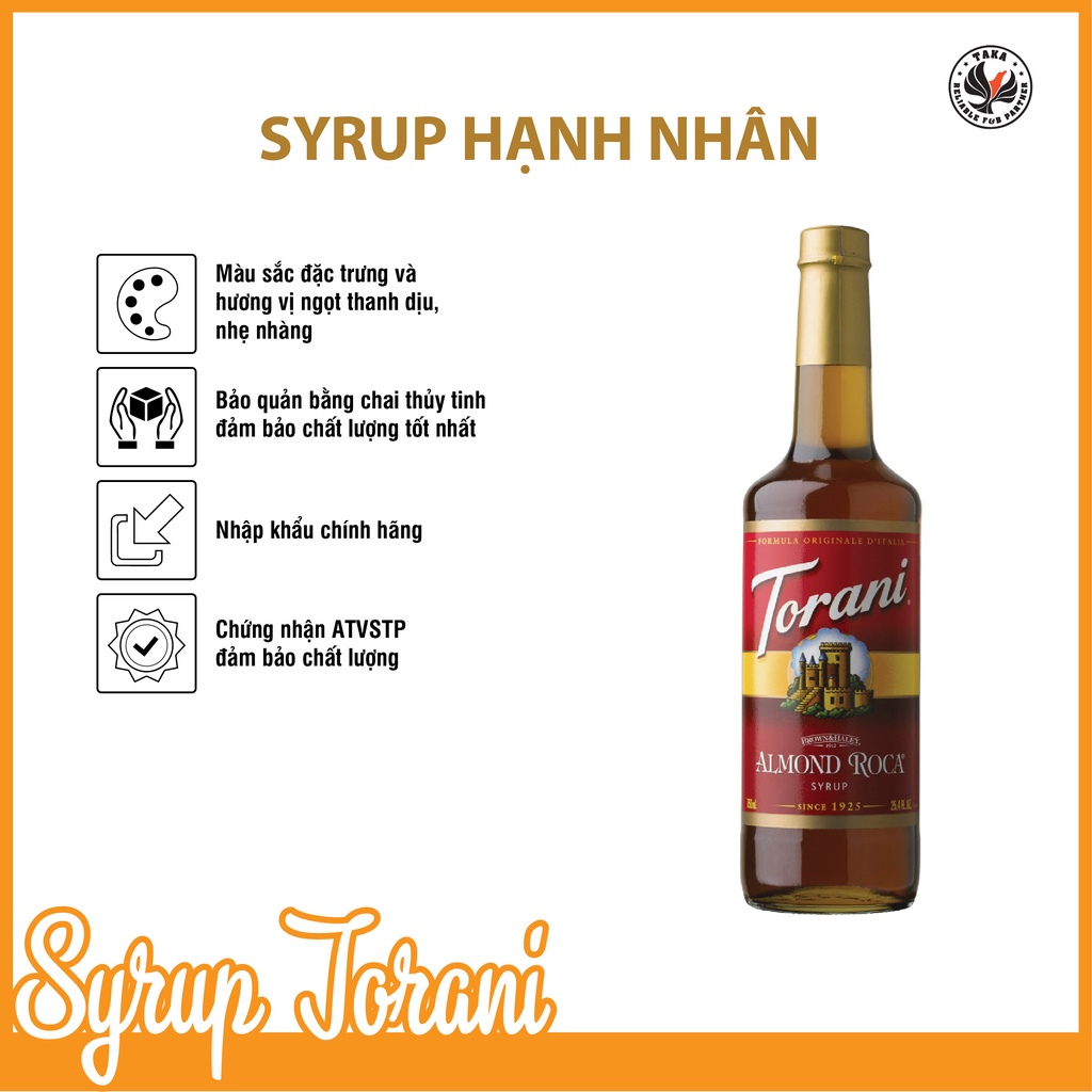 Siro Torani hạnh nhân (almond roca)  chai 750ML. Hàng công ty có sẵn giao hàng ngay