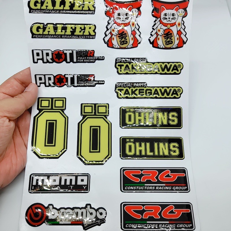 Decal tem dán  dập nổi tổng hợp chữ Ohlins, Brembo, CRG, Mèo thần tài, Takegawa....