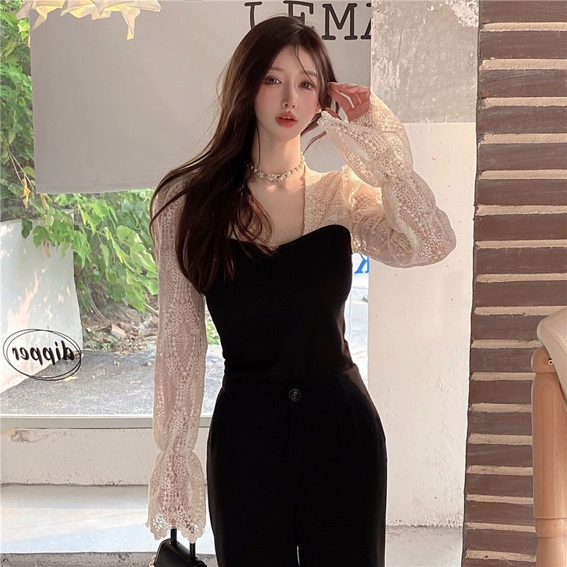 Áo dệt kim phối ren thời trang mùa thu mới dễ phối đồ dành cho nữ