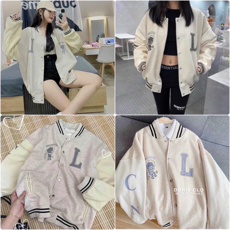 Áo Bomber Chữ L Form Rộng Unisex [ FREESHIP] Áo Khoác Chất nỉ ngoại Tay Bồng Cá Tính Màu Nude Ulzzang