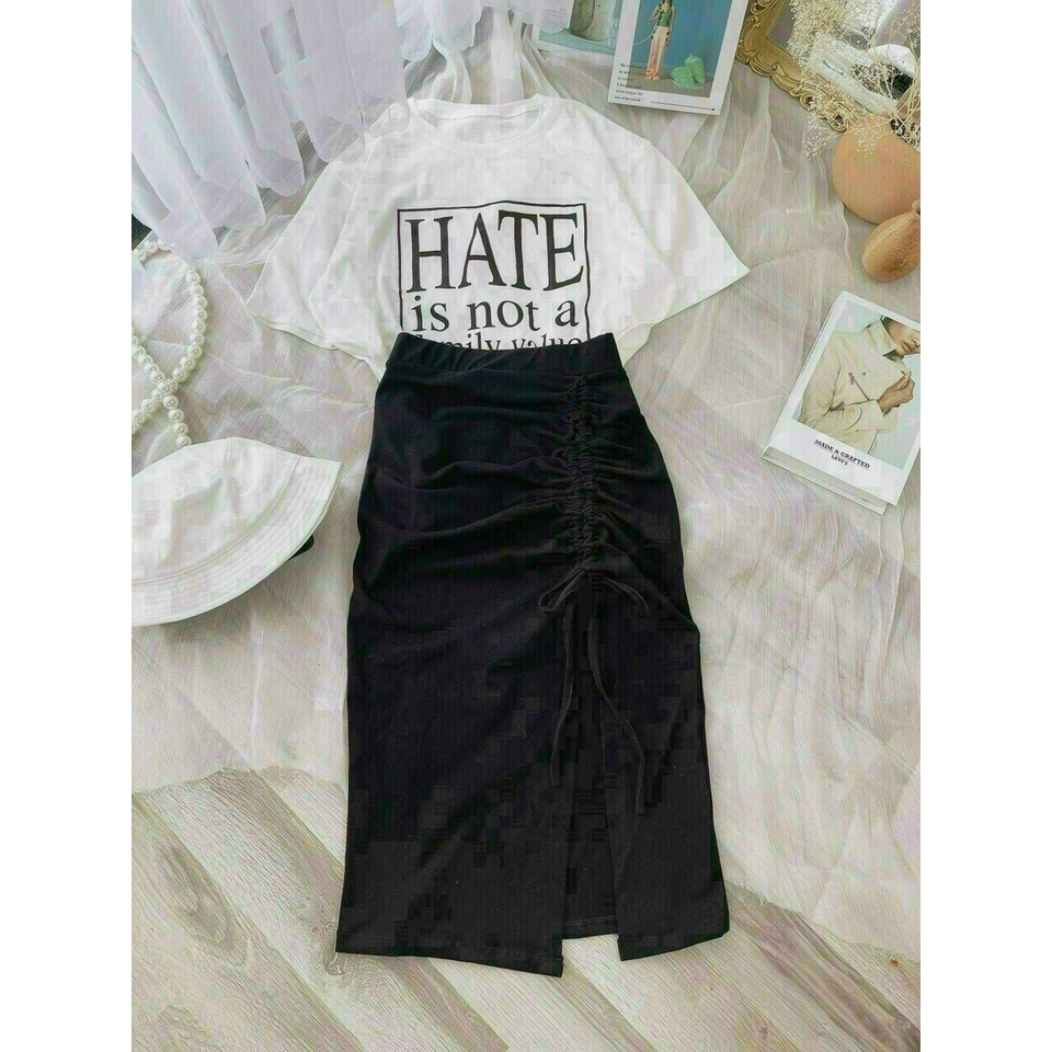 Set thun kate in chữ váy ngắn, set thun hate phong cách Hàn Quốc