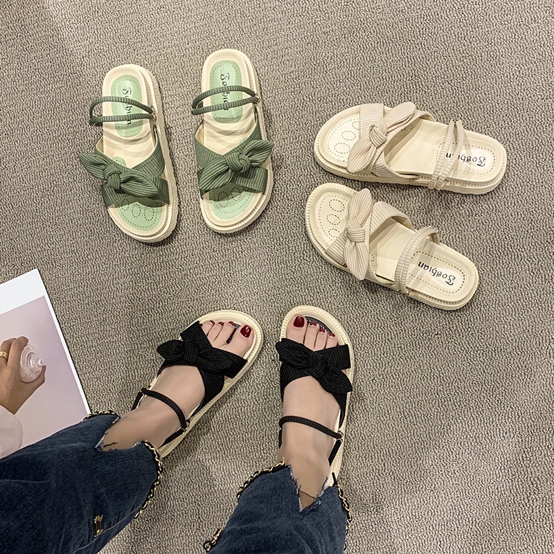 Tikp Hàng Mới~2022Cho Nữ Giày Sandal Roman Đế Dày Đính Nơ 3 Màu Size 35-40