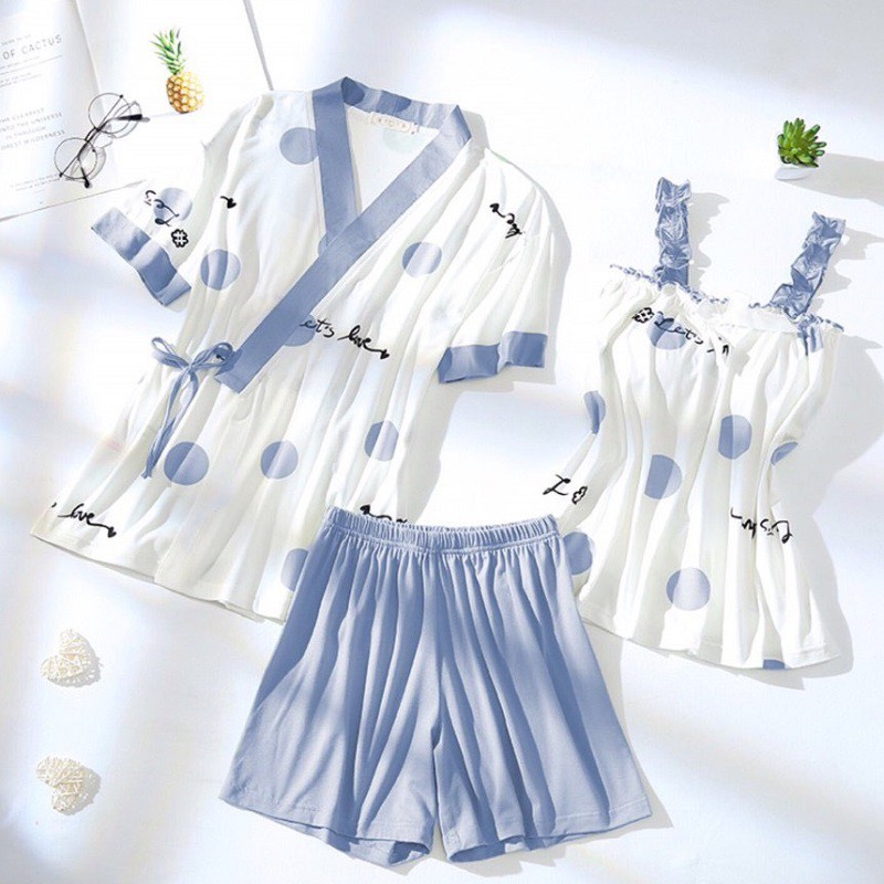 Bộ ngủ KIMONO nữ buộc chấm xanh - set đồ ngủ 3 chi tiết - Mono Boutique