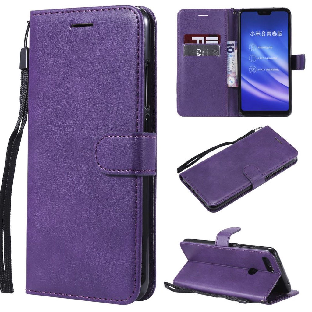 Bao da điện thoại nắp gập kiêm ví màu trơn cho Xiaomi Mi 8 Lite