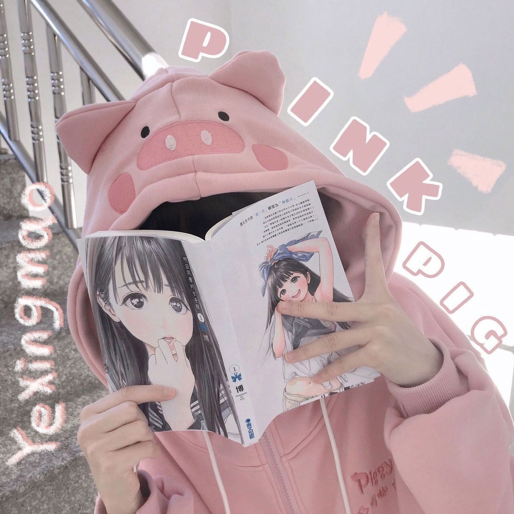 áo hoodie nu form rong áo hoodie nu cute Áo Khoác Lót Lông Cừu Dày Dặn Thêu Hình Chú Heo Hồng Dễ Thương Phong Cách Nhật Bản Thời Trang Thu Đông Cho Nữ