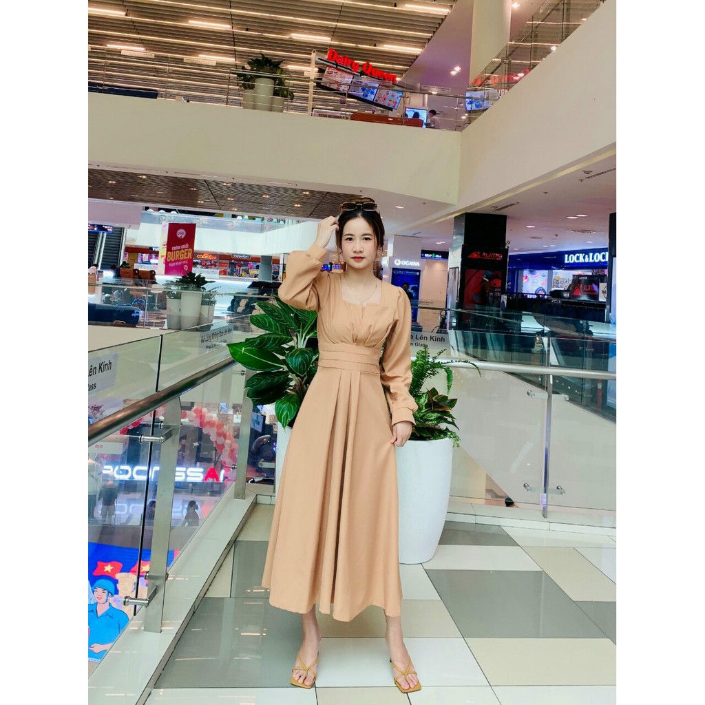 Đầm thiết kế dự tiệc midi tay dài - váy trắng nude đỏ | BigBuy360 - bigbuy360.vn