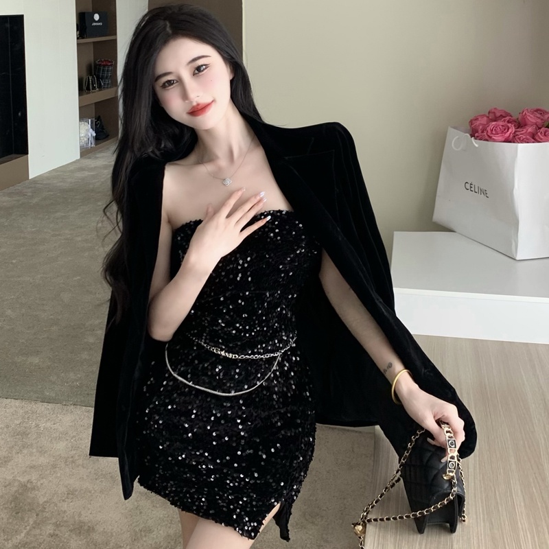 Set Đầm Nhung 3 Món Phối Áo Khoác Blazer Đính Kim Sa Lấp Lánh Thời Trang Sang Trọng
