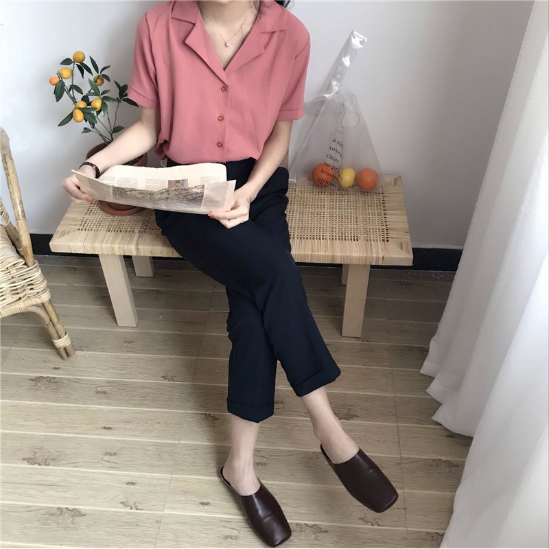 Áo sơ mi IELGY vải chiffon tay ngắn cổ chữ V thời trang cho nữ