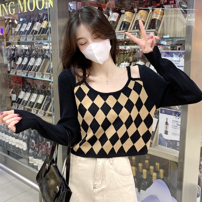 Áo dệt kim trễ vai giả hai lớp họa tiết sọc caro thời trang cho nữ