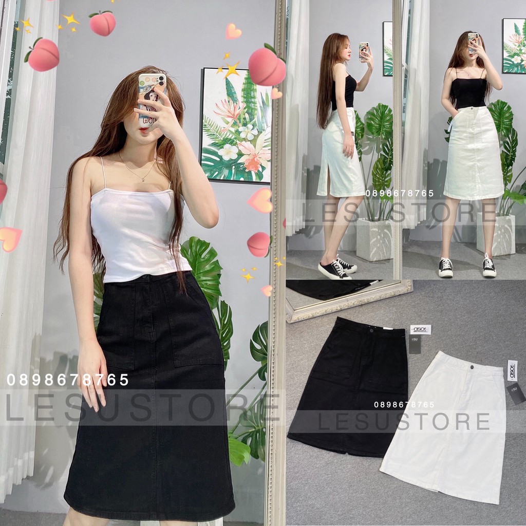 ẢNH TỰ CHỤP Chân váy jeans midi 2 túi xéo