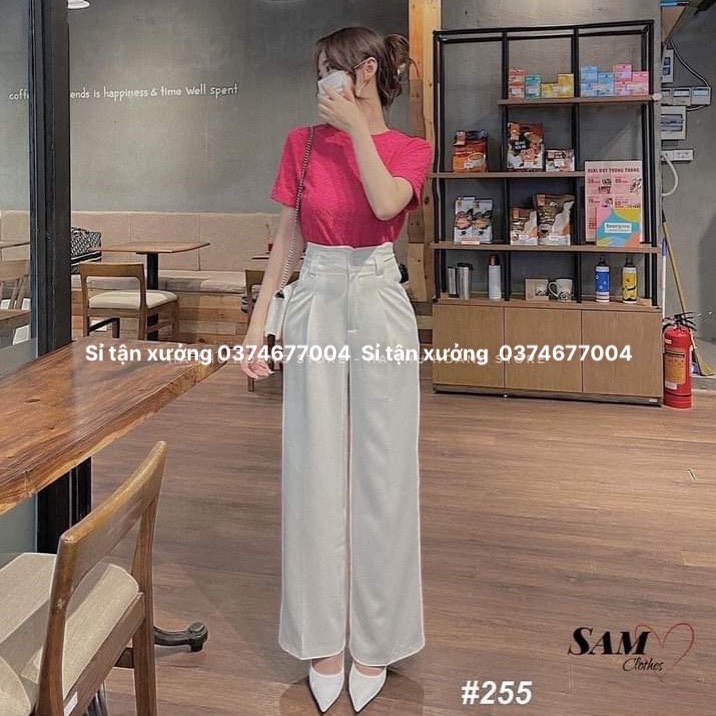Quần suông nữ cạp cao tôn dáng phối đỉa to cực xinh, quần ống rộng thiết kế mới nhất 973