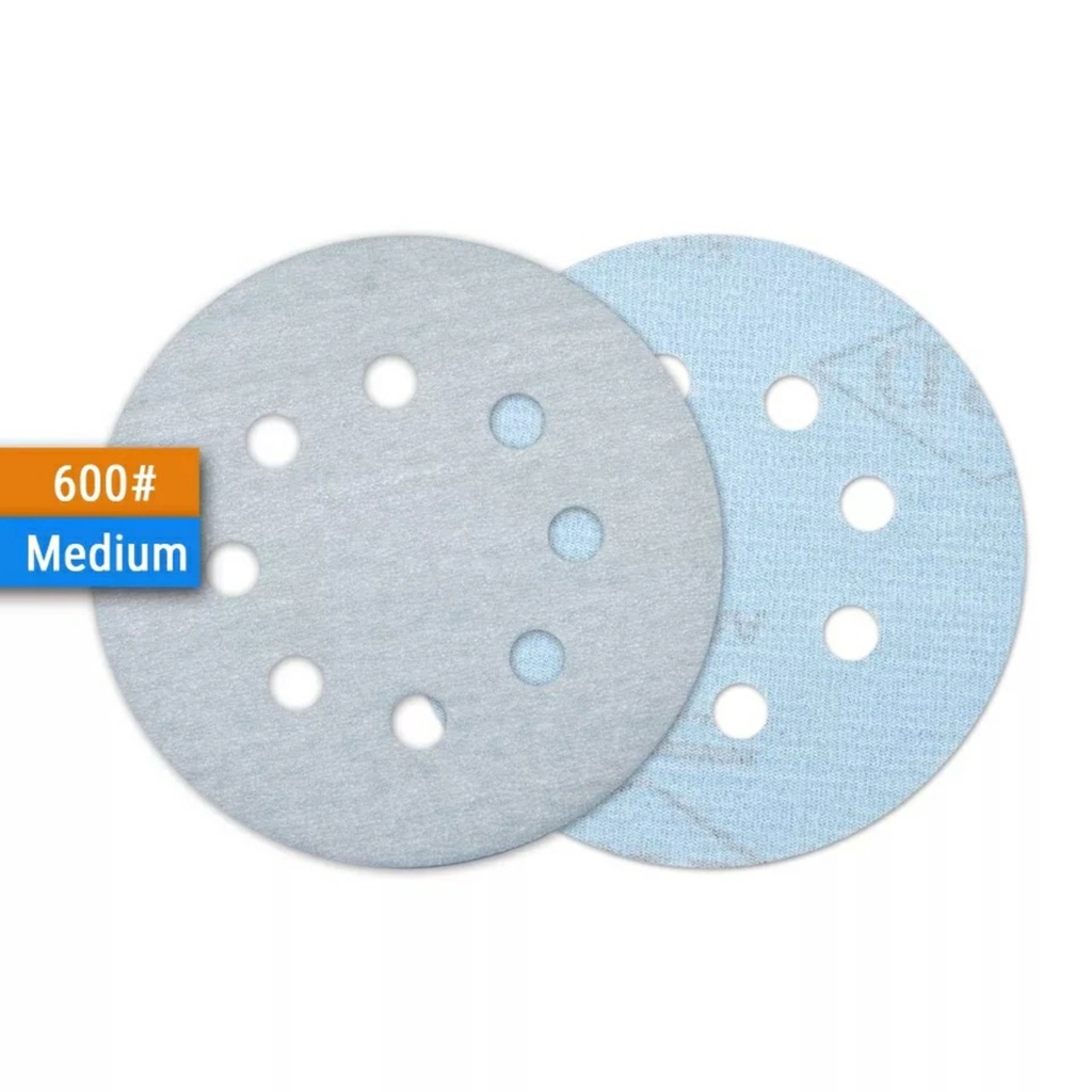Giấy nhám tròn, nhám tròn 125mm, 8 lỗ hút bụi, lưng nỉ, bề mặt sản phẩm có lớp phủ stearate