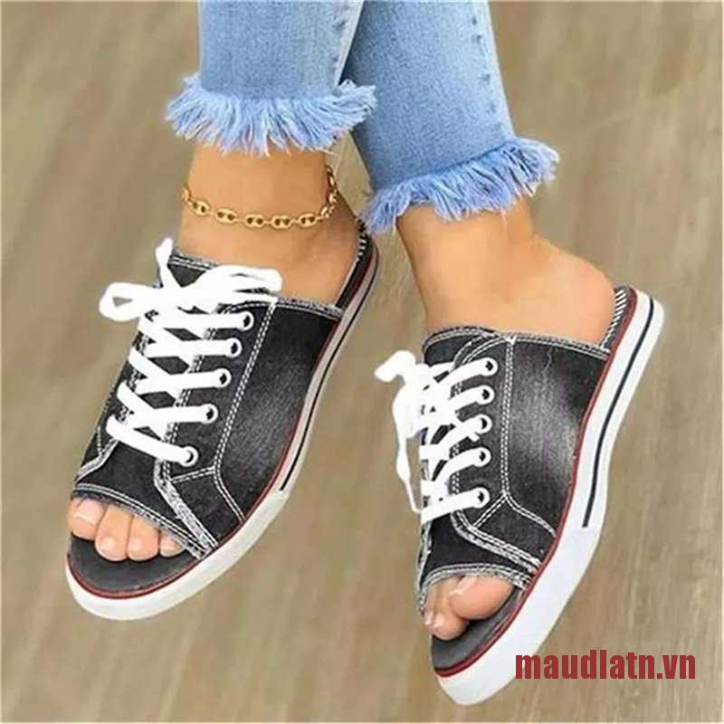 DLATN Canvas Flat Slipper Ladies Peep Toe Casual Fashion Denim Beach Shoes